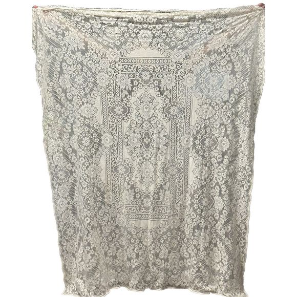 Vtg Quaker Lace Style Tablecloth 82x64 Floral Ivory Cream Rectangular Scalloped - Picture 6 of 6